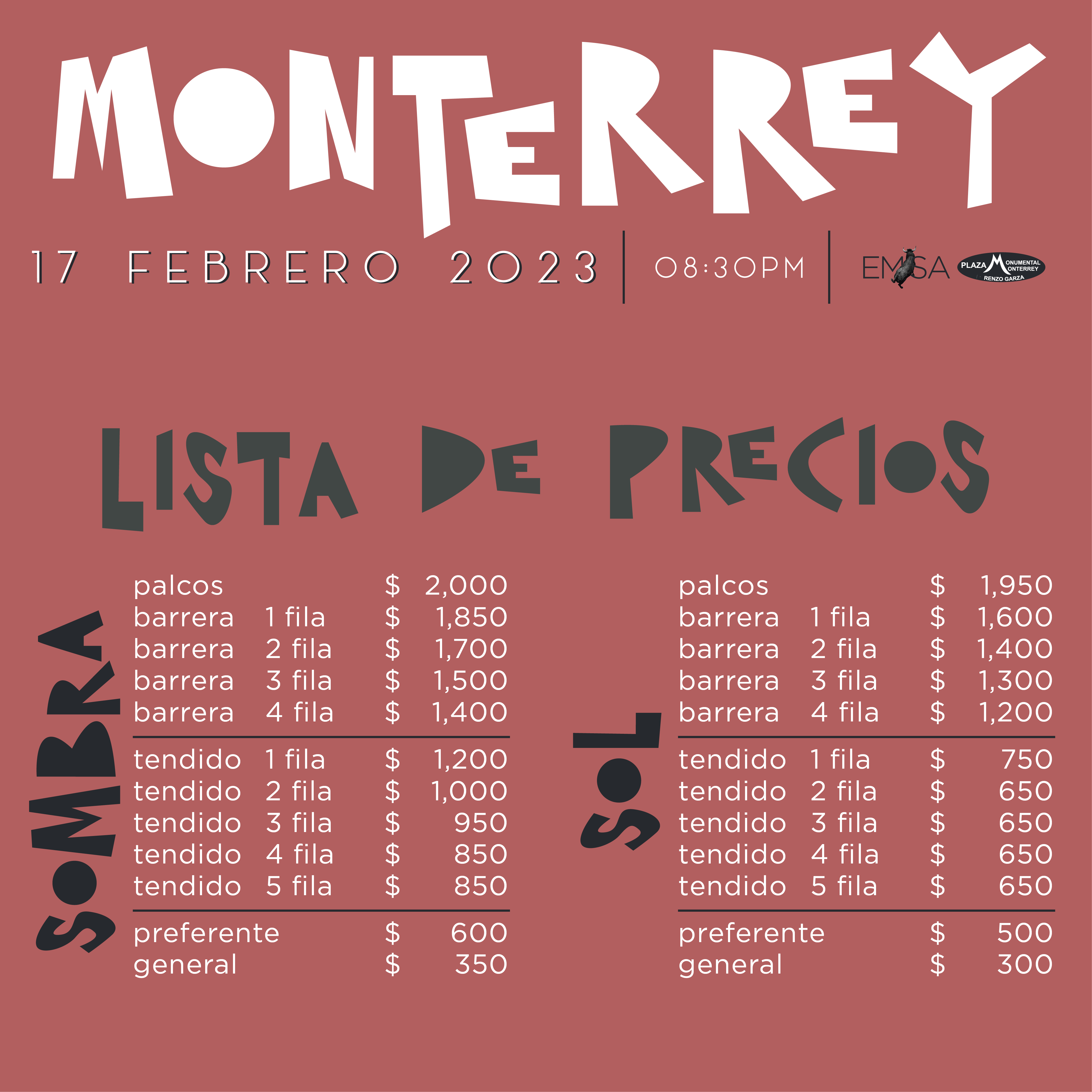 Lista de precios para la inauguración de la Temporada Taurina 2023 en Monterrey.