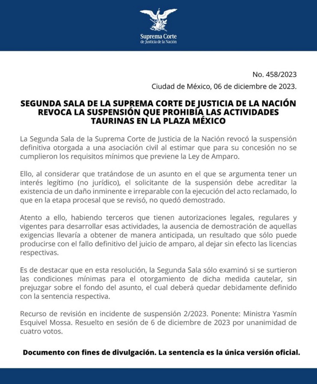 SCJN: Se revoca la suspensión de los espectáculos taurinos en la Plaza de Toros México.