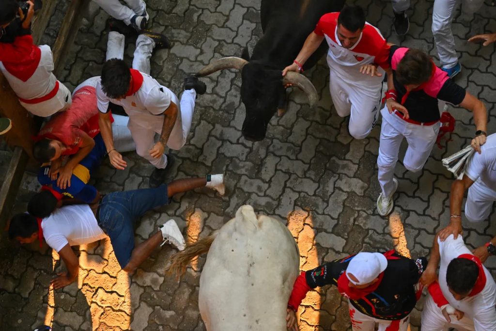 El octavo encierro de San Fermín: Una manada muy veloz de Miura protagoniza el último rápido encierro.