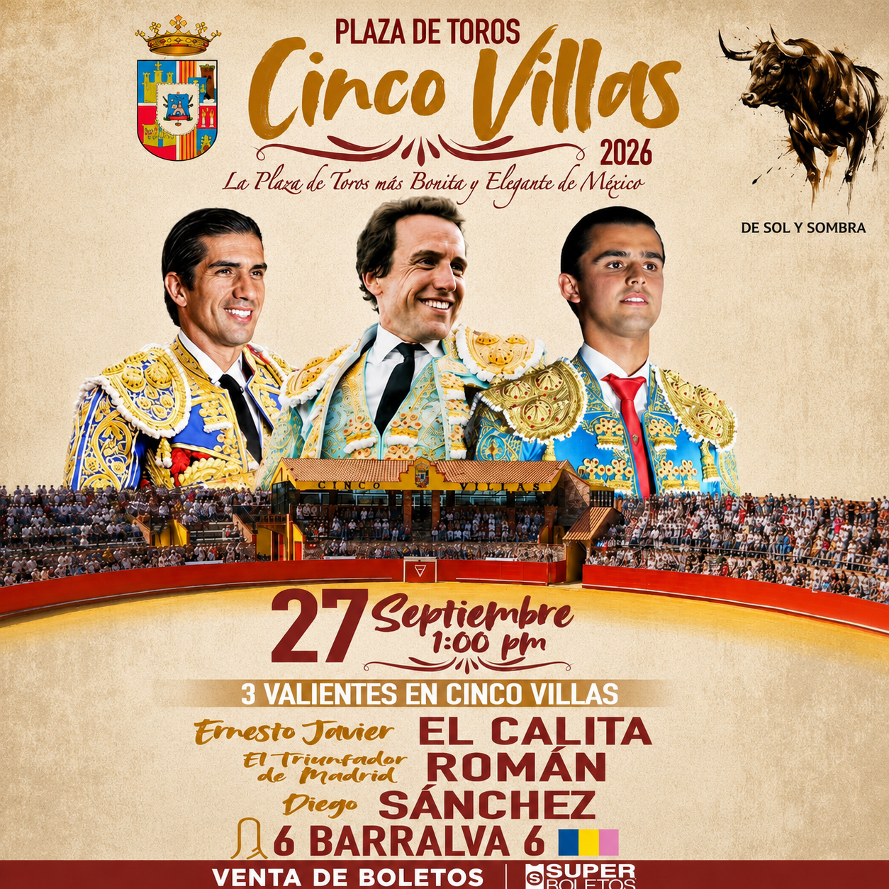 Cinco Villas presenta un nuevo cartel para el 27 de septiembre con toros de Barralva, El Calita, Román y Diego Sánchez.