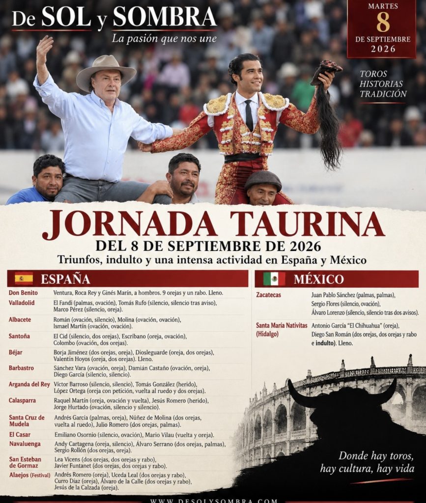 Jornada taurina del 8 de septiembre: Ventura, Roca Rey y Ginés Marín arrasan en Don Benito; triunfos en Santoña, Béjar y actividad taurina en México.
